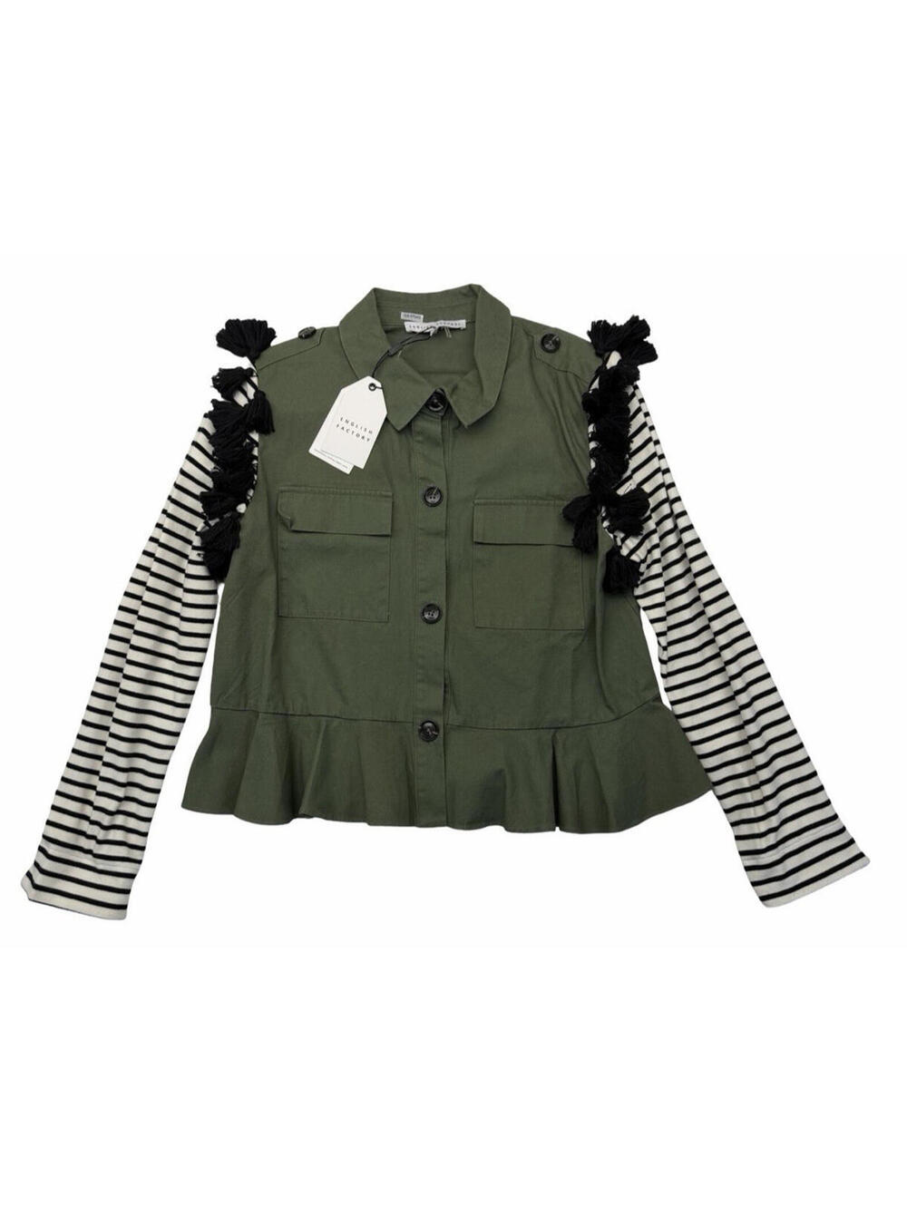 English Factory Button Down Utility Tassel Peplum Jacket Olive Green Size M
